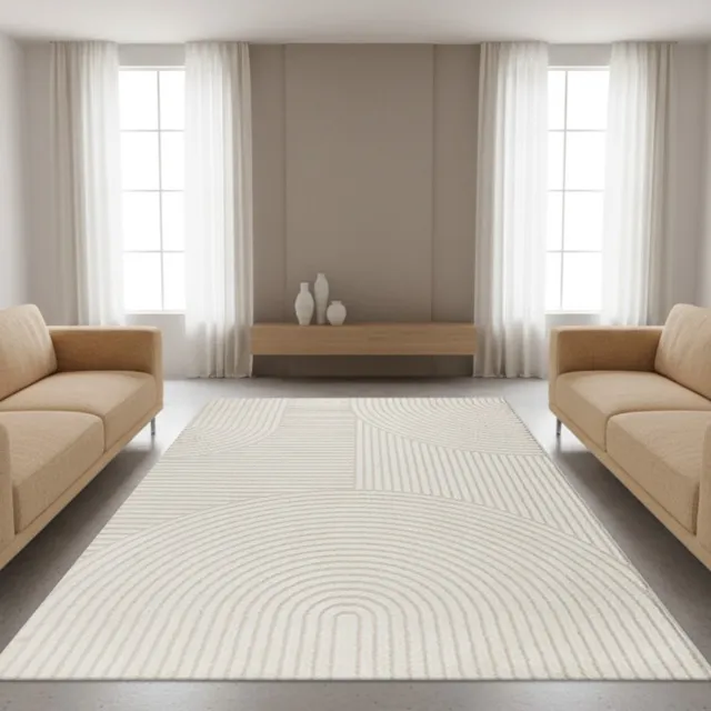 TapisTrend Designer tapijt Crème Modern vloerkleed met concentrische bogen en verhoogde geometrische lijnen voor woonkamer en slaapkamer Beige