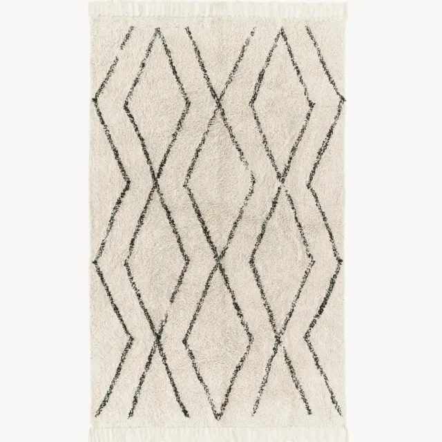 Westwing Collection Handgetuft katoenen vloerkleed Bina met ruitjesmotief en franjes Wit
