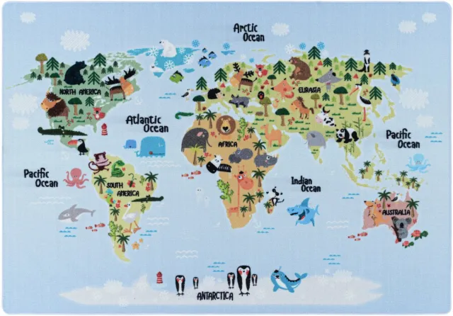Muratap Play Vloerkleed Kinderkamer Wereldmap Laagpolig Blauw