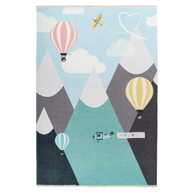 Padiro speels kindervloerkleed - lichtblauw - speels kindermotief - met ballon- en bergmotief - met franjes - van katoen en polyester