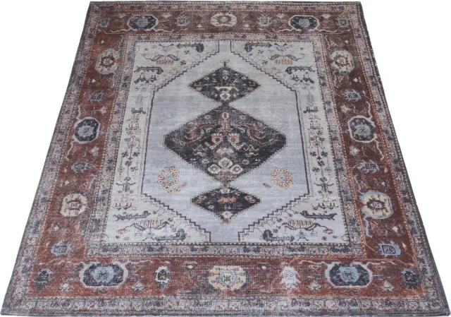 Veer Carpets Vloerkleed Karaca Antraciet/Brown 09 - 160 x 230 cm - Laagpolig Vloerkleed – Vintage / Klassiek Design