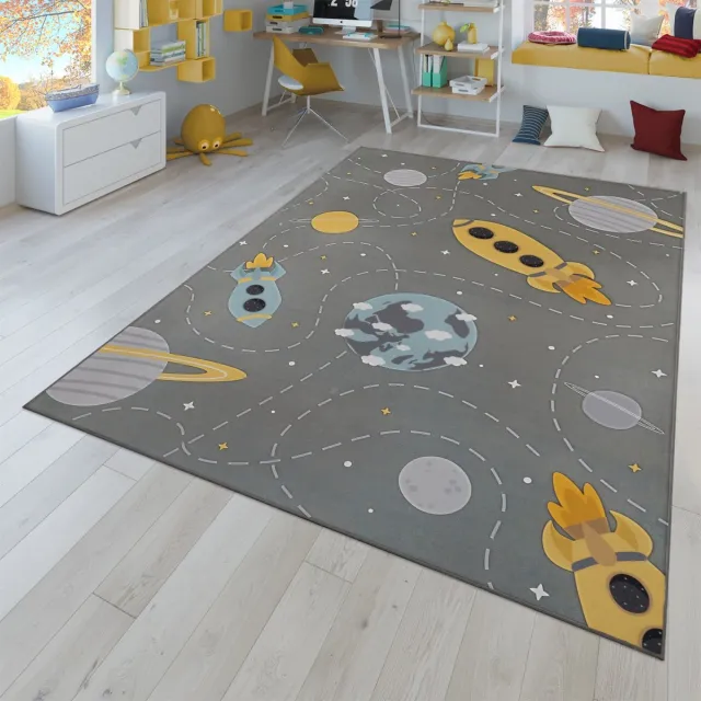 TT Home Kinderkamertapijt tapijt kinderkamertapijt antislip planeten sterren raketten 120 x 160 cm Rond 120 x 160 cm Rond grijs
