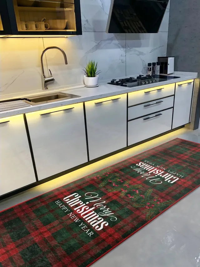 De Groen Home Vloerkleed keukenloper 65x180cm - Merry Christmas - Wasbaar Antislip - Laagpolig Zacht Tapijt - Kerst Groen