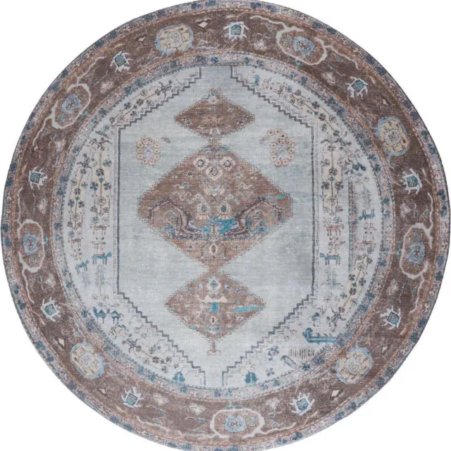 Veer Carpets Vloerkleed Karaca Blue/Brown 06 Rond ø120 cm - Laagpolig Vloerkleed – Vintage / Klassiek Design Blauw