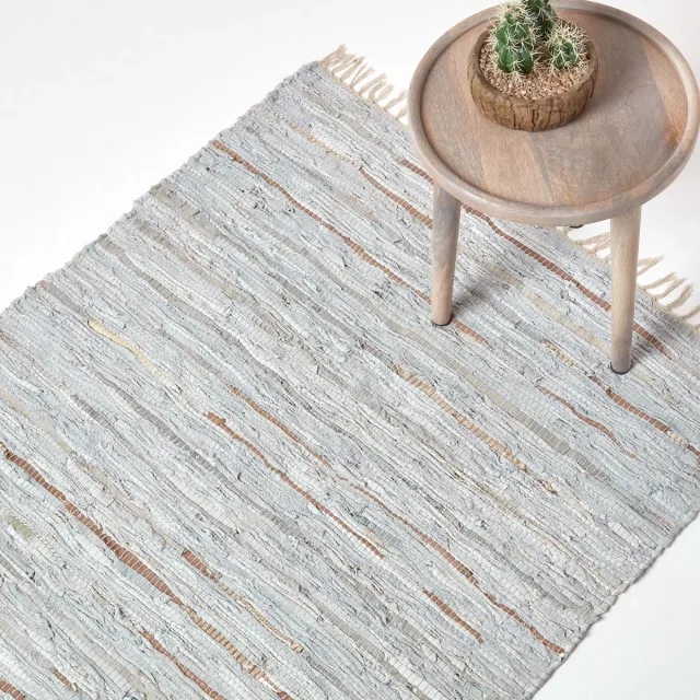 Homescapes Glitter leren vloerkleed zilver-natuur 120x180 cm, handgeweven vloerkleed van gerecycled leer Zilver en natuurlijk