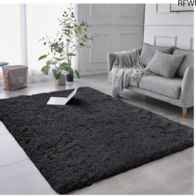 RFWR Zwart hoogpolig vloerkleed 160 x 230 cm - Superzacht en antislip tapijt voor woonkamer en slaapkamerruimte