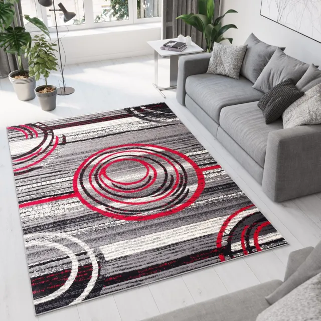 Tapiso Dream Vloerkleed Grijs Rood Cirkels Modern Woonkamer Tapijt Donkergrijs Rood 1