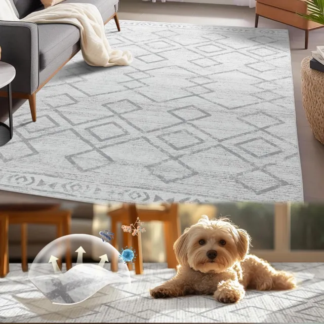 Unyqoos Wasbaar en Antibacterieel Vloerkleed met Modern Geometrisch Ontwerp en Antislip Ruitpatroon, Grijs