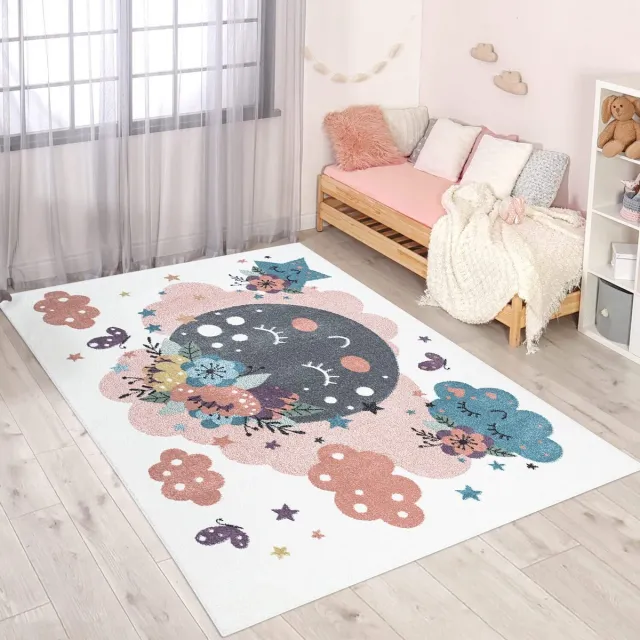 My Ninki ® Vrolijk Laagpolig Kinderkamer Vloerkleed met Maan, Wolken en Bloemen - Crème Multi - 190x280 cm kleurijk
