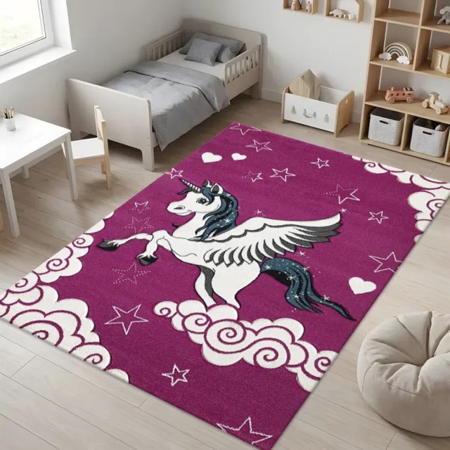 TapisTrend Kinderkleed Fuchsia 160x230 cm met gevleugelde eenhoorn, sterren en wolken voor slaapkamer en speelkamer
