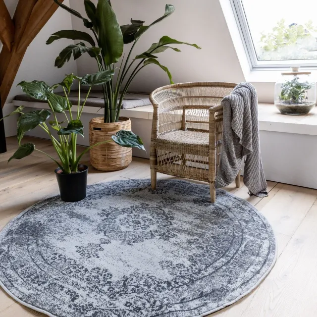 Eva Interior Rond vintage vloerkleed Bloom Grijs - Interieur05 - Rond 100 Ø - (XS) Grijs/Antraciet