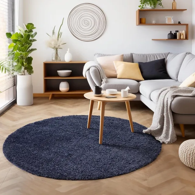 Muratap Basic Shaggy vloerkleed Donker Blauw Hoogpolig- 200 CM Ø