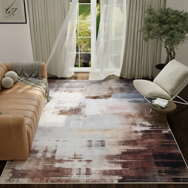 Tapiso ASH Vloerkleed Bruin Abstract Vintage Design Laagpolig Tapijt Voor Woonkamer Slaapkamer en Hal Antislip - 80x150