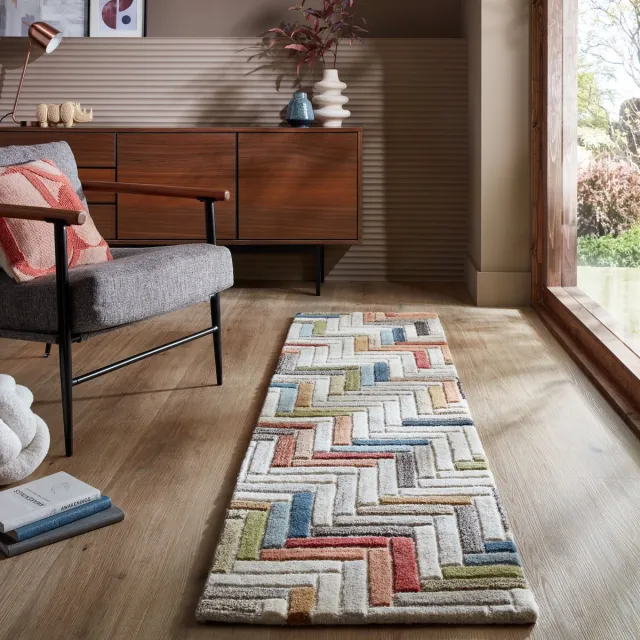 flycarpets Loper - Russo vloerkleed - Laagpolig - 100% Wol - Geo Modern - Multi 60 x 230 cm
