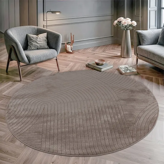 Muratap Vivant Japandi Art - Rond Vloerkleed Laagpolig Effen - Taupe- 160 CM Ø