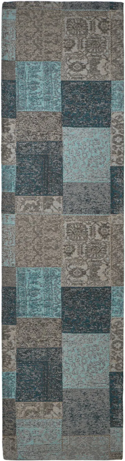 Tapijt vlak geweven turquoise grijs patchwork turquoise/grijs