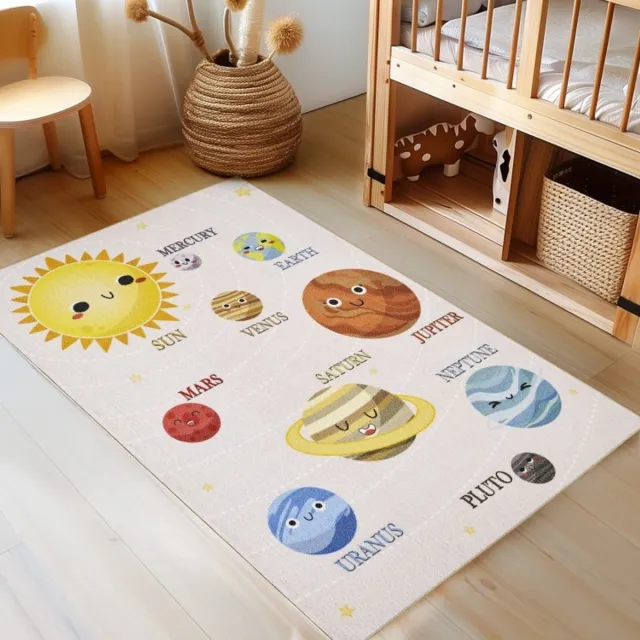 TapisTrend Kinderkleed Beige 140x200 cm met zonnestelselpatroon, latex, voor de slaapkamer, platgeweven