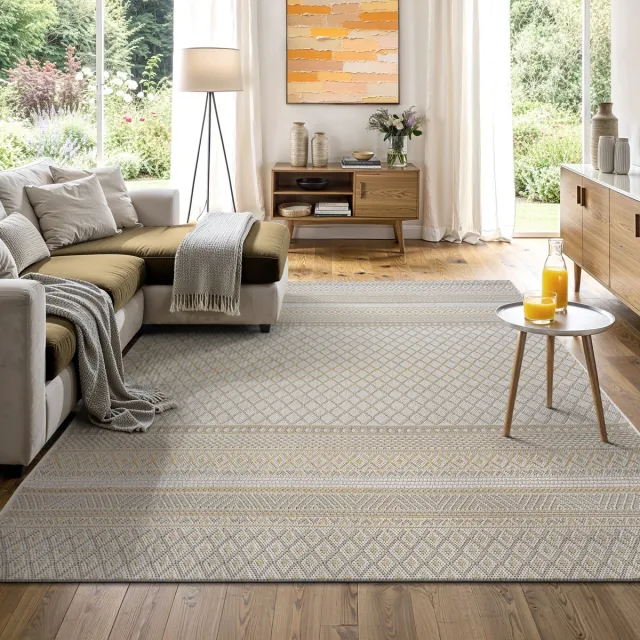 the carpet Calgary - robuust buitenkleed, modern, weerbestendig & UV-bestendig, geschikt voor balkon, terras en serre, Boho- en Vintage-ontwerp, beige, 80 x 150 cm Beige Yellow
