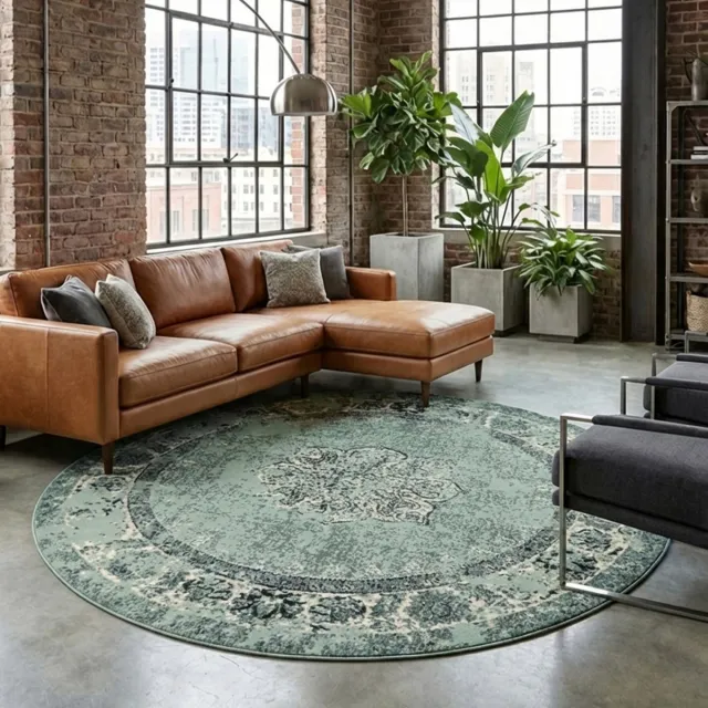 Fraai Rond vintage vloerkleed - Wonder Groen/Zwart - Ø 100cm