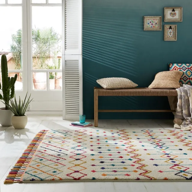 flycarpets Kleurrijk Vloerkleed - Prairie - Laagpolig - Franjes - Creme Multi