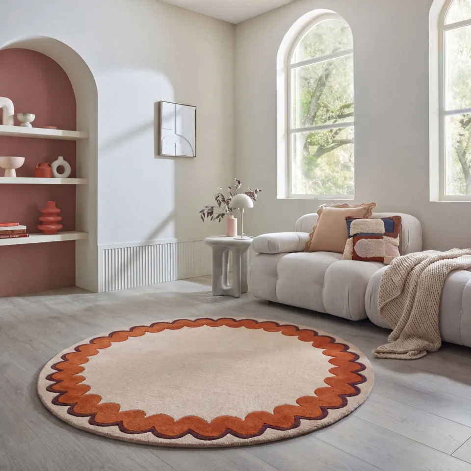Flair Rugs Wiggle Border ronde wollen vloerkleed oranje, foto 2
