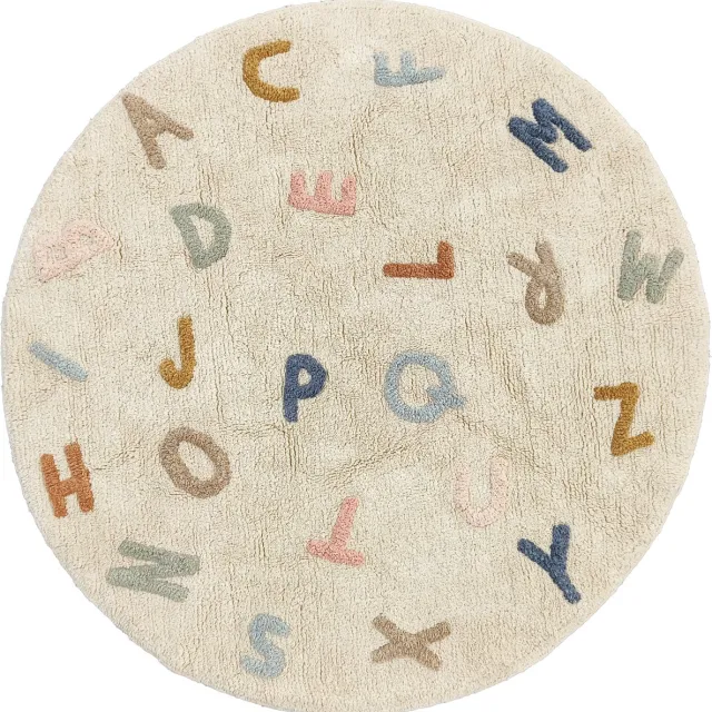Mats & Joy Rond ABC Kinderkamer Vloerkleed Ø 110 cm - 100% katoen - ca. 1500 g/m² - Wasbaar - Zacht Tapijt Kinderkamer - Vloerkleed Babykamer - Alfabet Tapijt Kinderen - Jongens en Meisjes Slaapkamer Beige