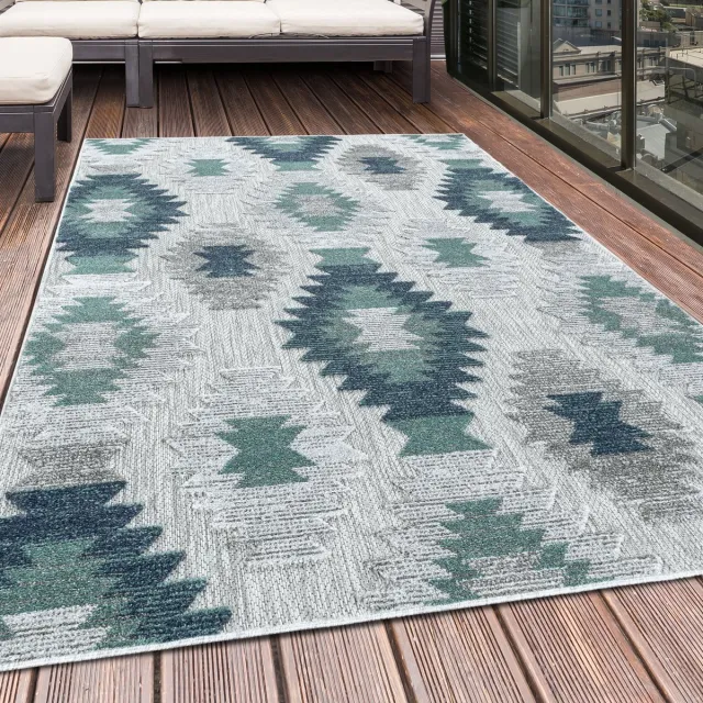 Tapijtenmagazijn Buitenkleed met Berber-design, blauw, geschikt voor terras, balkon of keuken, met polypropyleen achterkant