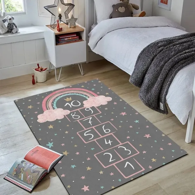 Zeo Wood Vloerkleed Kinderkamer - Speelkleed Baby - Speelmat - Speeltapijt - Tapijt voor Kinderkamer - 150*80 cm - Vloerkleed Regenboog Grijs