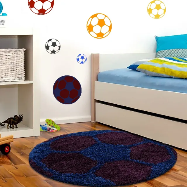 Adana Carpets Kinderkleed, voetbaldesign, marineblauw, kleed voor kinderkamer, jute achterkant, afmeting: 100 cm rond