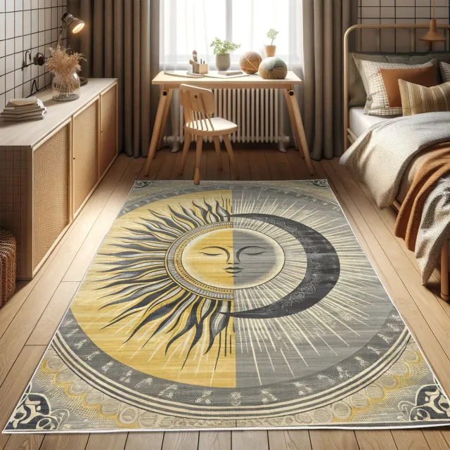 ABAKUHAUS Decoratief vloerkleed met zon en maan, hoogwaardig vloerkleed voor slaapkamer en woonkamer, 157x229 cm, mosterdpaars
