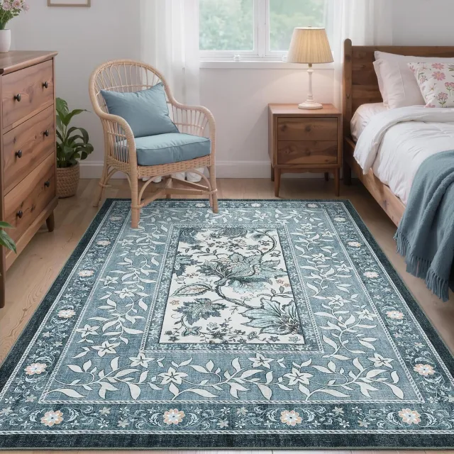 Triumpunpre Washbaar Vloerkleed - Opvouwbaar Printtapijt met bladmotief in landelijke sfeer met Antislip TPR Onderkant - Blauw 120 x 170 cm