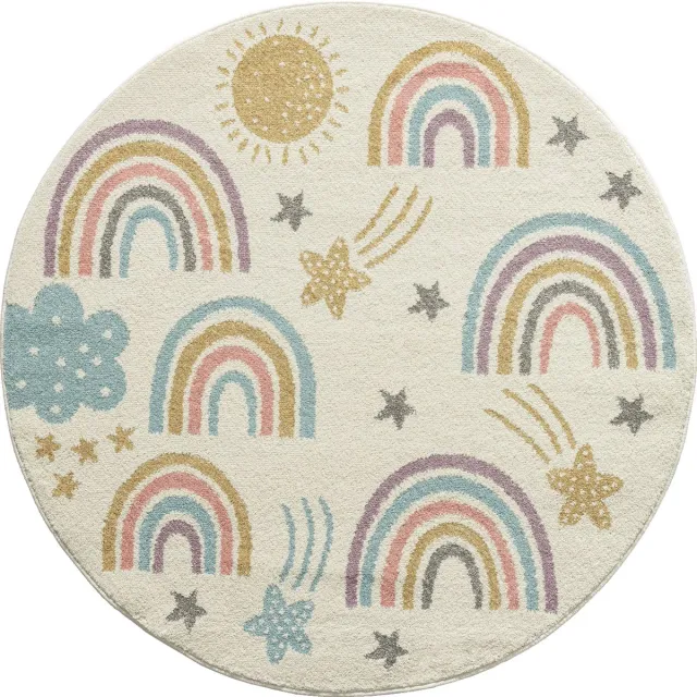 the carpet Beat Kids modern zacht kindertapijt, zachte pool, gemakkelijk te reinigen, kleurecht, regenboog & sterren motief, crème met regenbogen en wolken, 120 cm rond