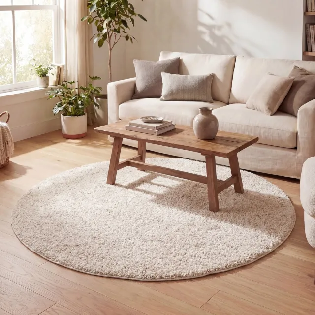 NATURL. Rond hoogpolig vloerkleed - Lofty Creme/Wit - Ø 200cm Crème