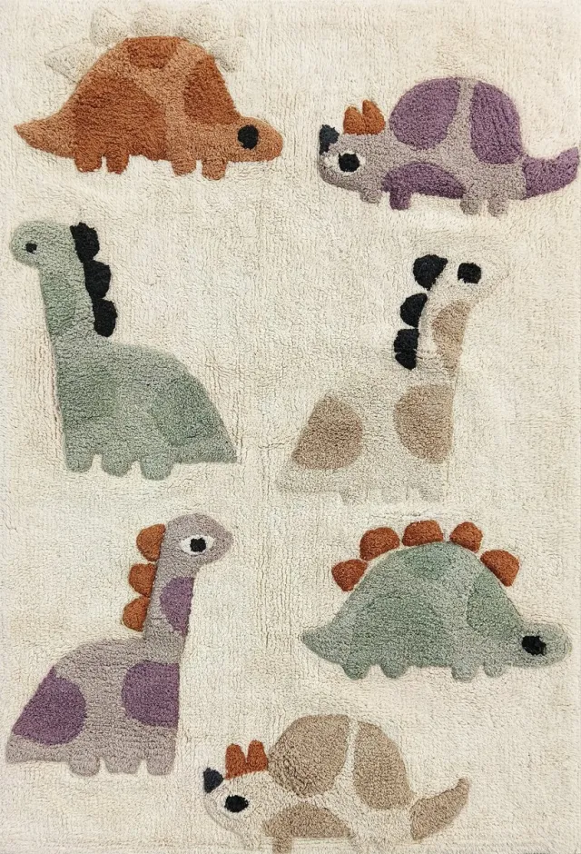 Mats & Joy Vloerkleed Dino Kinderkamer Tapijt 80x120 cm - 100% katoen - ca. 1500 g/m² - Wasbaar - Zacht Tapijt Kinderkamer - Vloerkleed Babykamer - Tapijt Kinderen met Dino's - Jongens en Meisjes Slaapkamer Beige