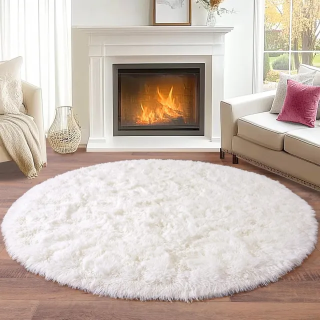 BSGIFT Ronde Hoogpolige Vloerkleed 120 cm Crème voor Woonkamer, Slaapkamer en Kinderkamer - Fluffy, Modern en Antislip Design