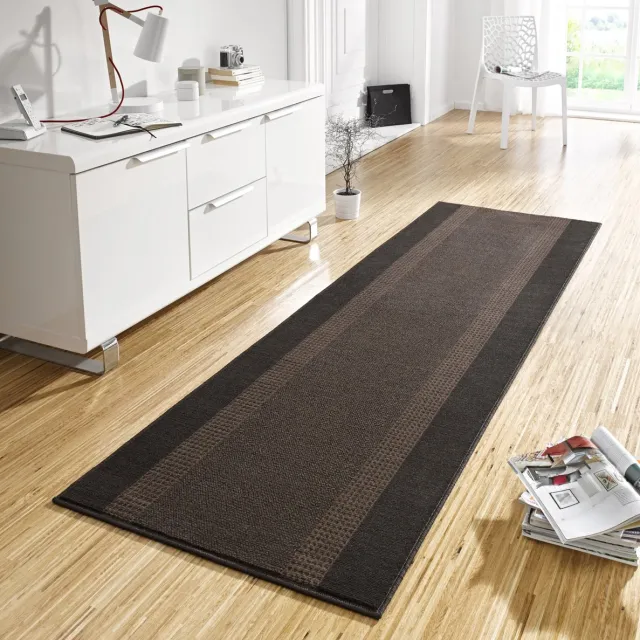 flycarpets Loper Designer Velours - Lijstmotief / Kader - Laagpolig - Bruin 80x450 cm