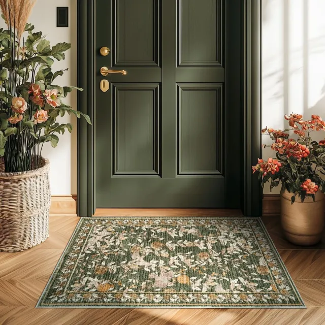 topick Deurmat - Wasbaar Kortpolig Antibacterieel Opvouwbaar Antislip - Voor Binnen Voordeur Keuken Terras Hal Slaapkamer - Retro Vintage Romanje-Groen 60x90 cm Oranjegroen