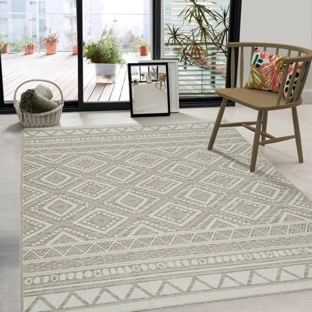 the carpet Calgary Robuust outdoor tapijt, modern design, weerbestendig en uv-bestendig, voor balkon, terras en serre, ook geschikt voor keuken of eetkamer, beige-ruit, 80 x 150 cm