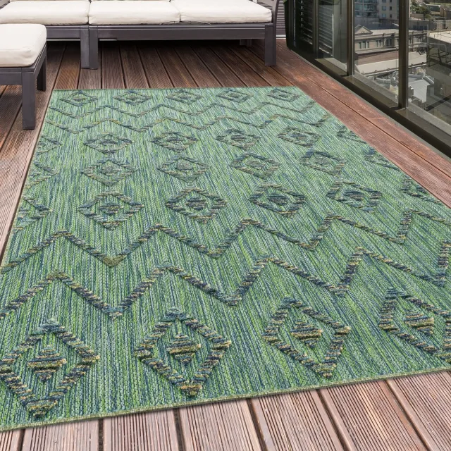 Tapijtenmagazijn Buitenkleed, boho-design, groen, geschikt voor terras, balkon of keuken, polypropyleen achterkant