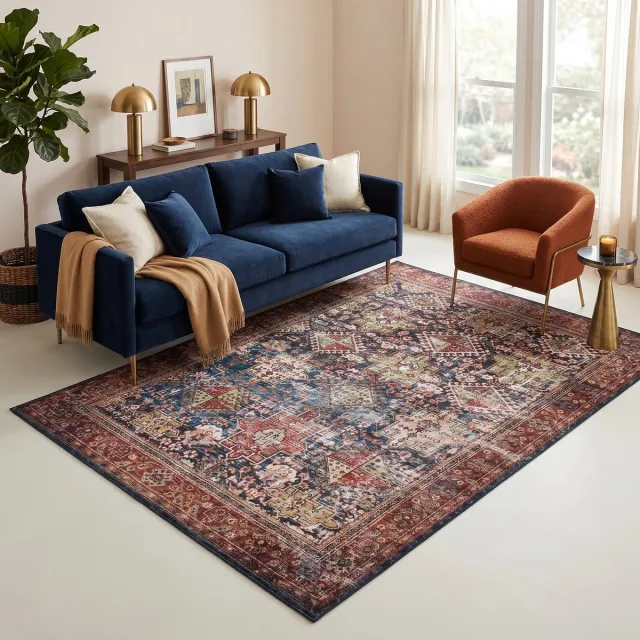 Tapiso Ispahan Vloerkleed Oosters Klassiek Perzisch Vintage Medaillon Antislip Donkerblauw Roestbruin Woonkamer Slaapkamer Oeko-Tex Blauw Rood