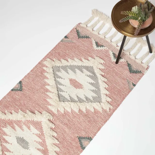 Homescapes Handgeweven Kelim Runner Pali - 66 x 200 cm, roze-grijs patroon Roze-Grijs-Natuur
