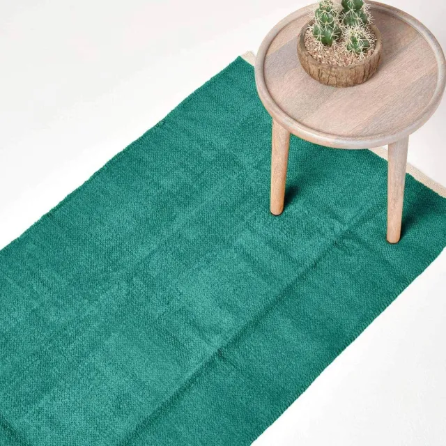 Homescapes Teal chenille vloerkleed met natuurlijke rand van 100% katoen, 66 x 200 cm Turkoois