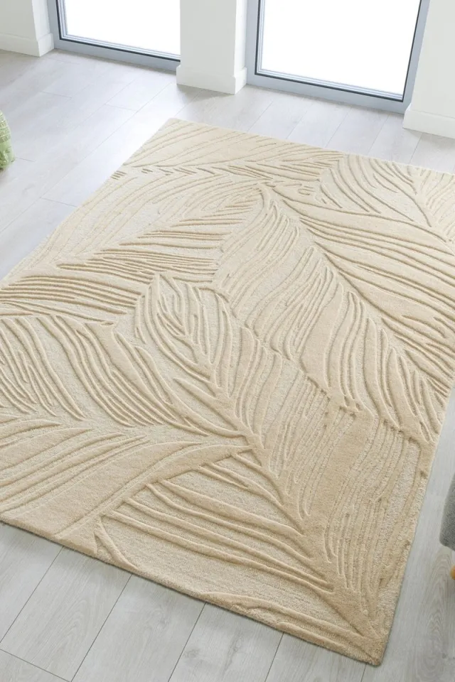 flycarpets Lino Leaf Modern Laagpolig - 100% Wol Vloerkleed - Naturel / Creme Beige