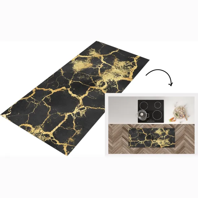 KitchenYeah Keukenloper - Loper keuken - Marmer - Goud - Zwart - Keukenloper vinyl Multicolor