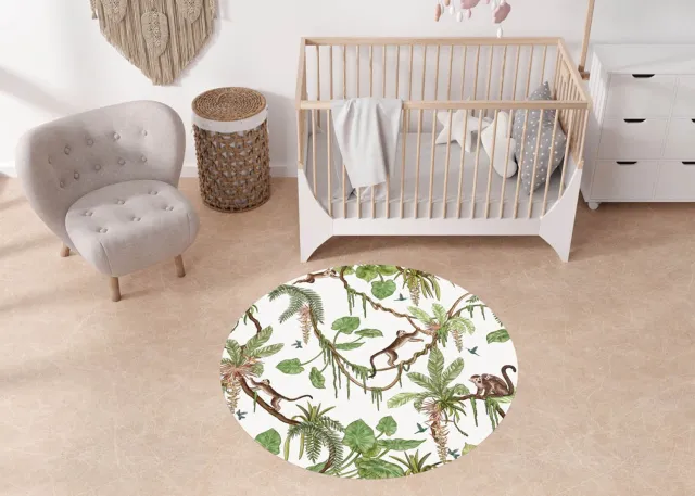 Bi & Li Creaties Rond Vinylzeil Playful Monkeys Kikki Belle-kinderkamer-Vinyl kleed-aapjes-100cm-kinderkamer-Rond-kleed natuur tinten