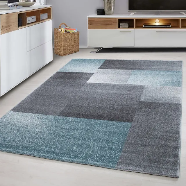 Ayyildiz Kortpolig vloerkleed, geruit patroon, blauw, woonkamerkleed, jute achterkant, afmeting: 140 x 200 cm