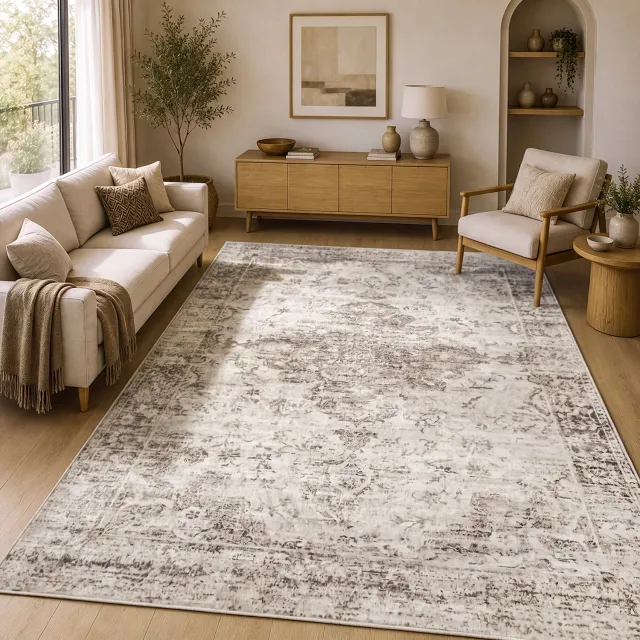 the carpet Zen Vloerkleed – Vintage Oosters Design – Wasbaar & Antislip – Beige – 160 x 220 cm
