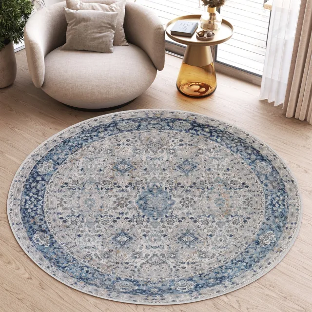 Tapiso Valley Rond Vloerkleed Blauw Laagpolig Vintage Tapijt Maat- 160x160 Blauw 2