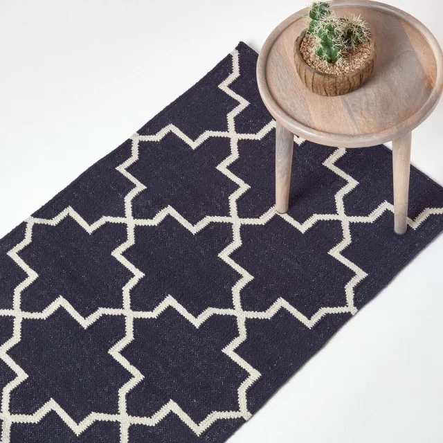Homescapes Handgewebter Kelim-Teppich Edmonton mit geometrischem Muster aus 100% Baumwolle, dunkelblau und weiß Donkerblauw, Wit