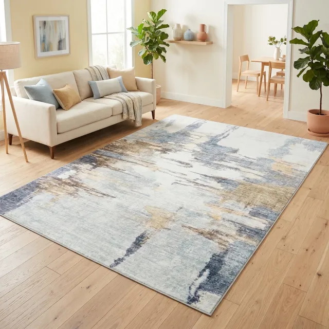 Tapiso Bari Vloerkleed Abstract Verweerd Patroon Antislip Tapijt Woonkamer Slaapkamer Grijs Crème Oranje Blauw Modern Design Oeko-Tex Grijs Oranje